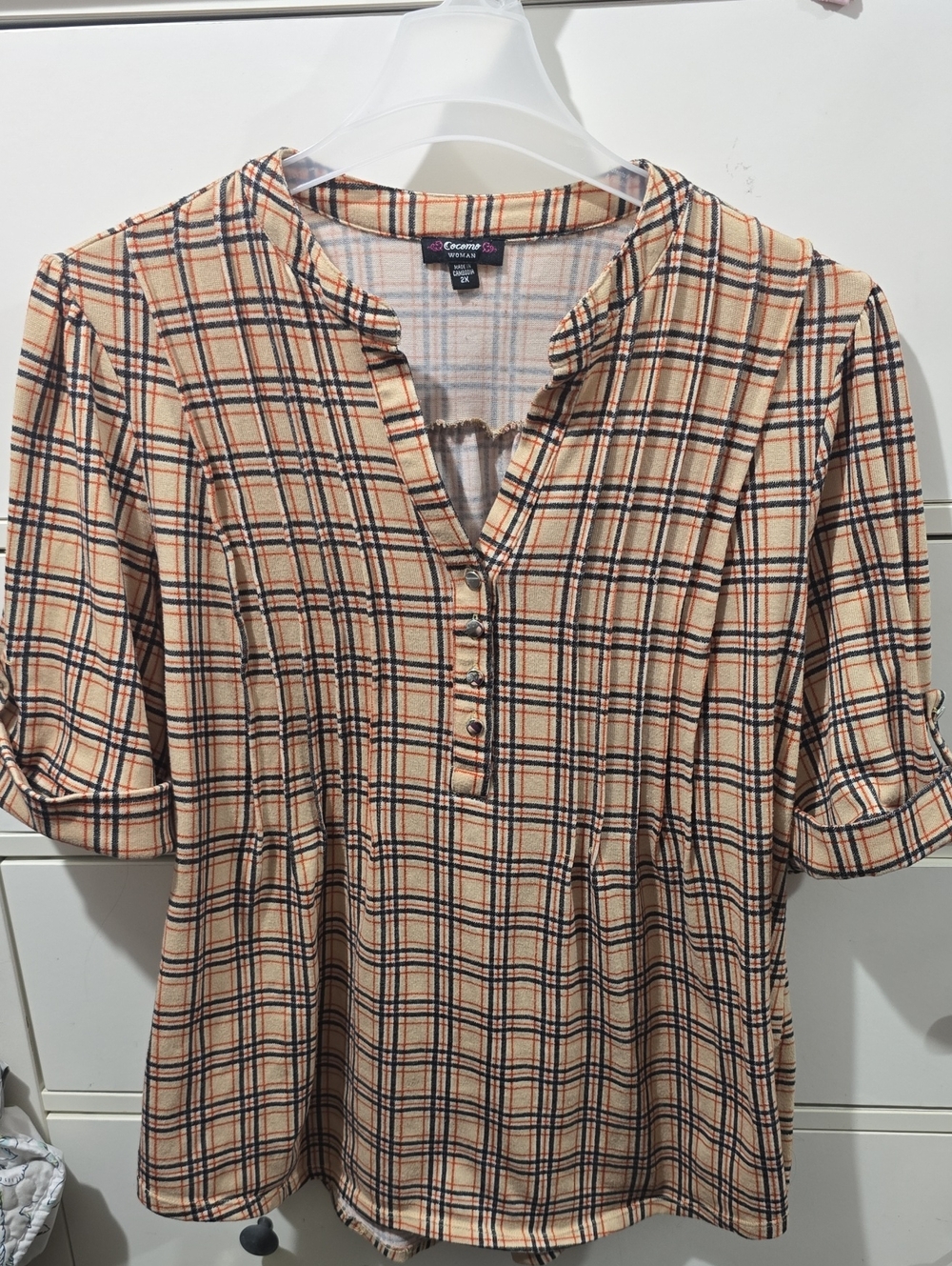 Cocomo Casual Plaid Peasant Top - Orange/Navy Blouse